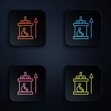 Color neon line Elevator for disabled icon isolated on black background. Set Stock Illustration