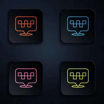 Color neon line Map pointer with taxi icon isolated on black background Stock Illustration