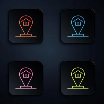 Color neon line Map pointer with house icon isolated on black background. Home Stock Illustration