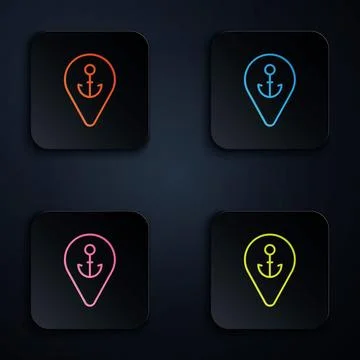 Color neon line Map pointer with anchor icon isolated on black background. .. 스톡 일러스트
