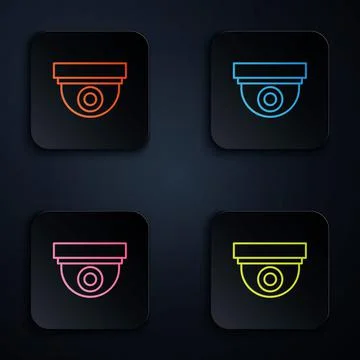 Color neon line Security camera icon isolated on black background. Set icons in Stock Illustration