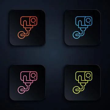Color neon line Security camera icon isolated on black background. Set icon.. Stock Illustration