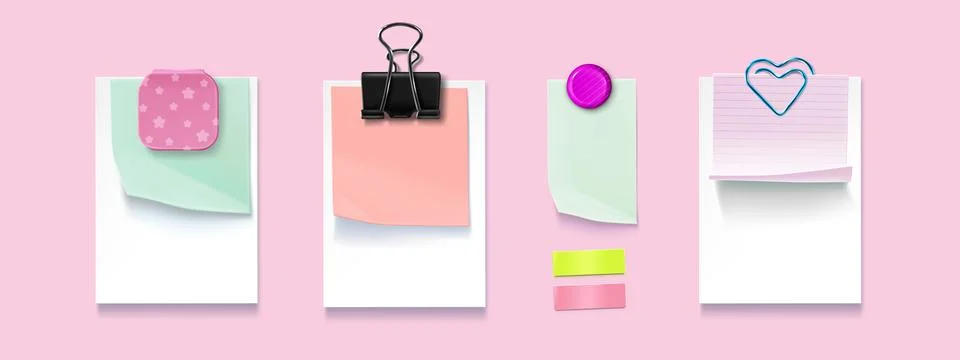 Color note papers set isolated on pink background Stock Illustration
