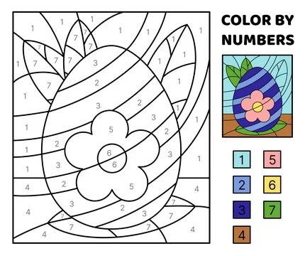 Color by number. Blue Easter egg with leaves and flower. Coloring page. Game for Stock Illustration