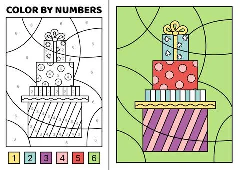 Color by number. Stack of Christmas gift boxes. Coloring page. Game for kids Stock Illustration