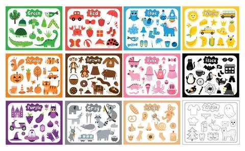 Color objects bundle. Primary colors big collection with flash cards in cartoon Stock Illustration