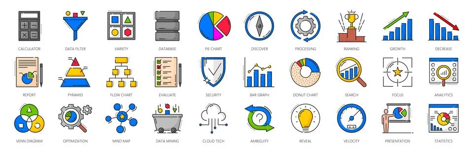 Color outline data analytics and analysis icons Stock Illustration