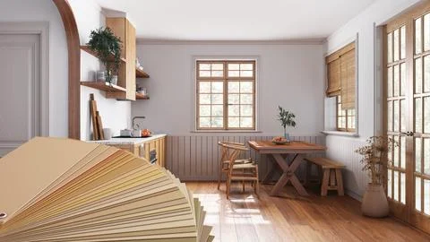 Color palette close up sample. Paint selection catalog over interior design.. Stock Illustration
