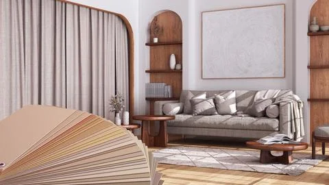 Color palette close up sample. Paint selection catalog over interior design.. Ilustração Stock