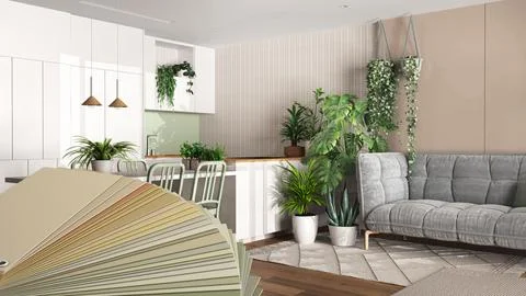 Color palette close up sample. Paint selection catalog over interior design.. Ilustração Stock
