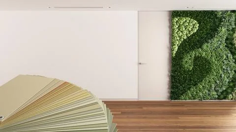 Color palette close up sample. Paint selection catalog over interior design.. Ilustração Stock