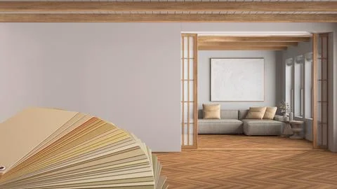Color palette close up sample. Paint selection catalog over interior design.. Illustrazione stock