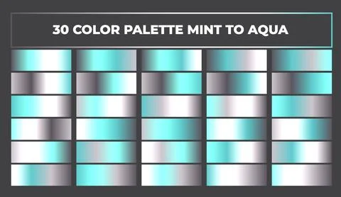 Color palette mint to aqua featuring thirty gradient color swatches with Stock Illustration
