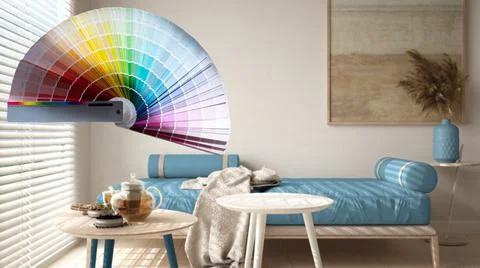Color palette samples over cosy wooden sustainable living room in blue tones  Stock Illustration