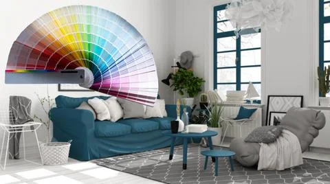 Color palette samples over modern blue and beige living room with sofa and pi Stock Illustration