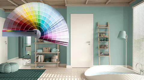 Color palette samples over spacious bathroom in turquoise tones with ceramic  Stock Illustration