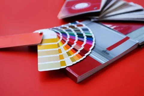 Color palette samples on red background. wood texture door texture samples. S Stock Photos