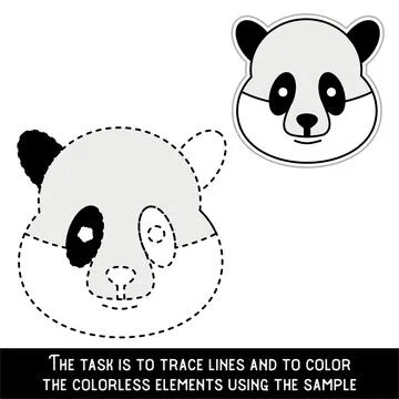 Color Panda Face. Restore dashed lines. Color the picture elements. Page to b Stock Illustration