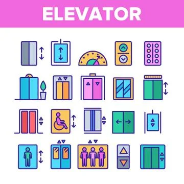 Color Passenger Elevator, Lift Vector Linear Icons Set Stock Illustration