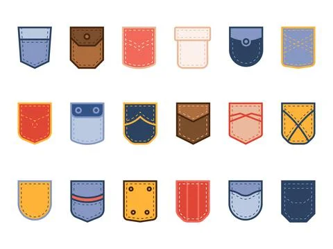 Color patch pocket. Cloth bright different shapes pockets, casual wear, fabric Stock Illustration