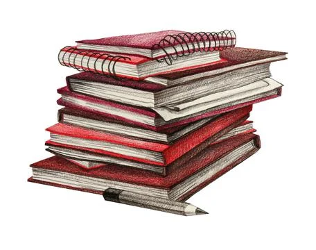 Color pencils hand-drawn stack of old brown books and notebook isolated on white Stock Illustration