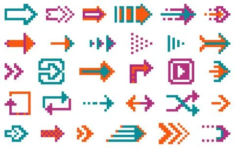 Color pixel 8 bit arrows. Retro video computer graphic, interactive colorful Illustrazione stock