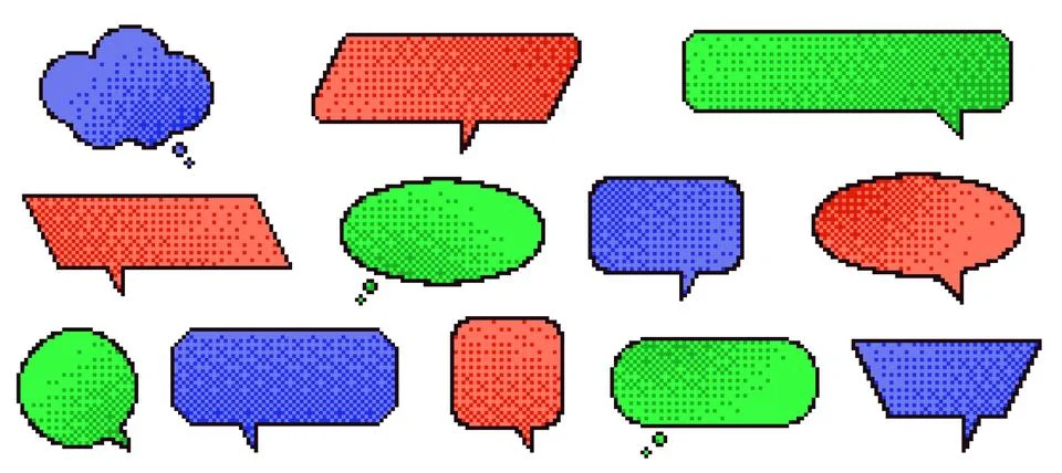 Color pixel speech bubble. Retro video game graphic, text boxes, message Stock Illustration
