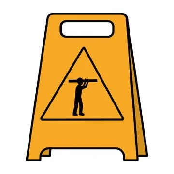 Color plastic caution emblem and laborer with equipment Stock Illustration