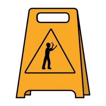 Color plastic caution emblem and laborer with hammer Stock Illustration