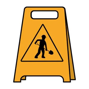 Color plastic caution emblem and laborer with shovel Stock Illustration