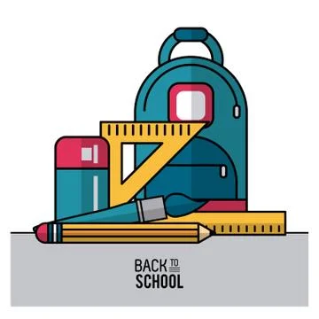 Color poster of back to school with backpack and essential elements of school in 스톡 일러스트