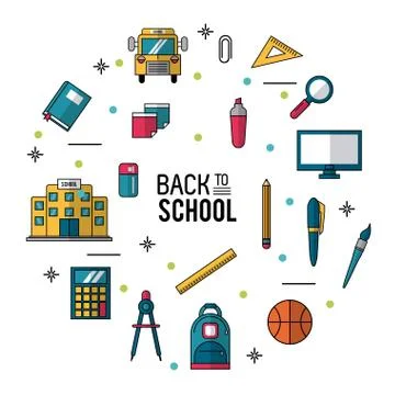 Color poster of back to school with essential elements of school Illustrazione stock