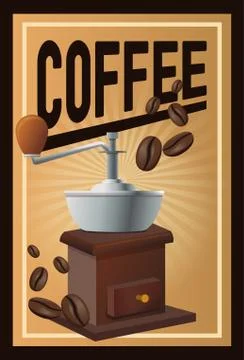Color poster coffee with linear glow and grinding with crank and beans Illustration