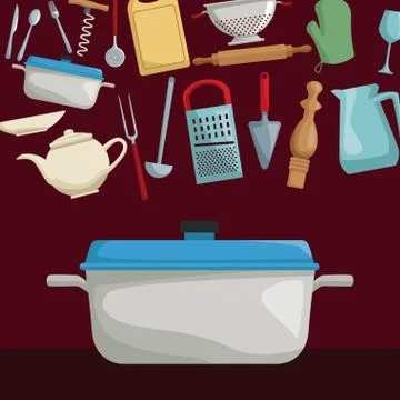 Color poster of floating set realistic utensils of cooking kitchen with closeup Stock Illustration