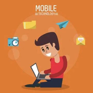 Color poster of mobile technology with man sitting with laptop computer and Stock-Illustration