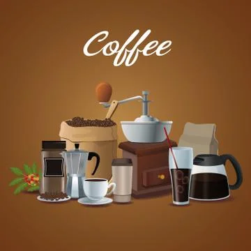 Color poster of set elements coffee preparation and container for packaging 스톡 일러스트