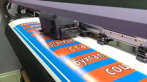 Color printing on wide format printer. Cyrillic. Video stock 100145191