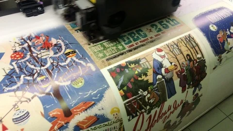 Color printing on wide format printer. Christmas and New Year posters Video stock 100407932