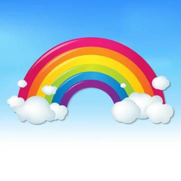 Color rainbow with clouds and blue sky Stock Illustration
