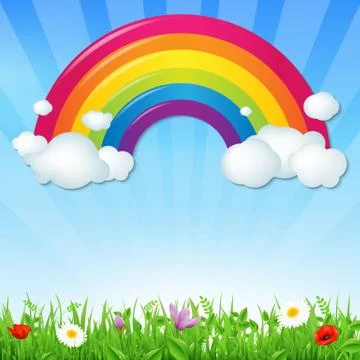 Color rainbow with clouds grass and flowers Illustrazione stock