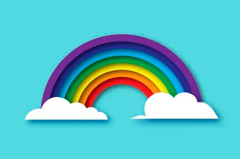 Color rainbow with clouds in paper cut style. Origami Summer symbol on blue sky Stock Illustration