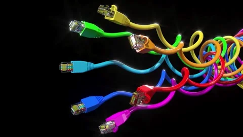 Color rainbow Lan cables connection ethernet on black bg able to loop endless Video stock 313857999
