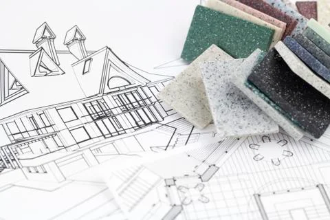 Color samples of architectural materials - plastics, and architectural drawin Stock Photos