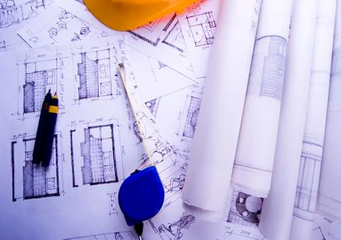Color samples for selection with house plan on background Stock Photos