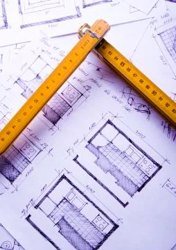 Color samples for selection with house plan on background Stock Photos