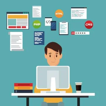 Color scene background front view web developer man in desk programming language Illustrazione stock