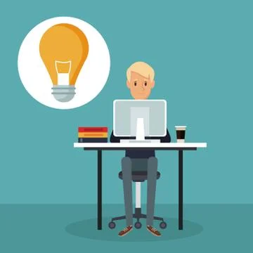 Color scene background side view web developer man in desk icon light bulb Stock Illustration