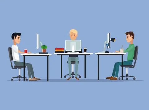 Color scene background with web developer group men in desk programming language Illustrazione stock