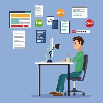 Color scene background with web developer man in desk programming language Stock Illustration