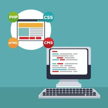 Color scene tech computer desk with icons programming language around window pc イラスト素材